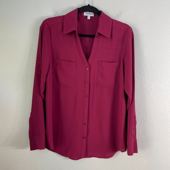 Express Womens Portofino Shirt Womens Medium Button Up Blouse Roll Tab Sleeve - Picture 1 of 6